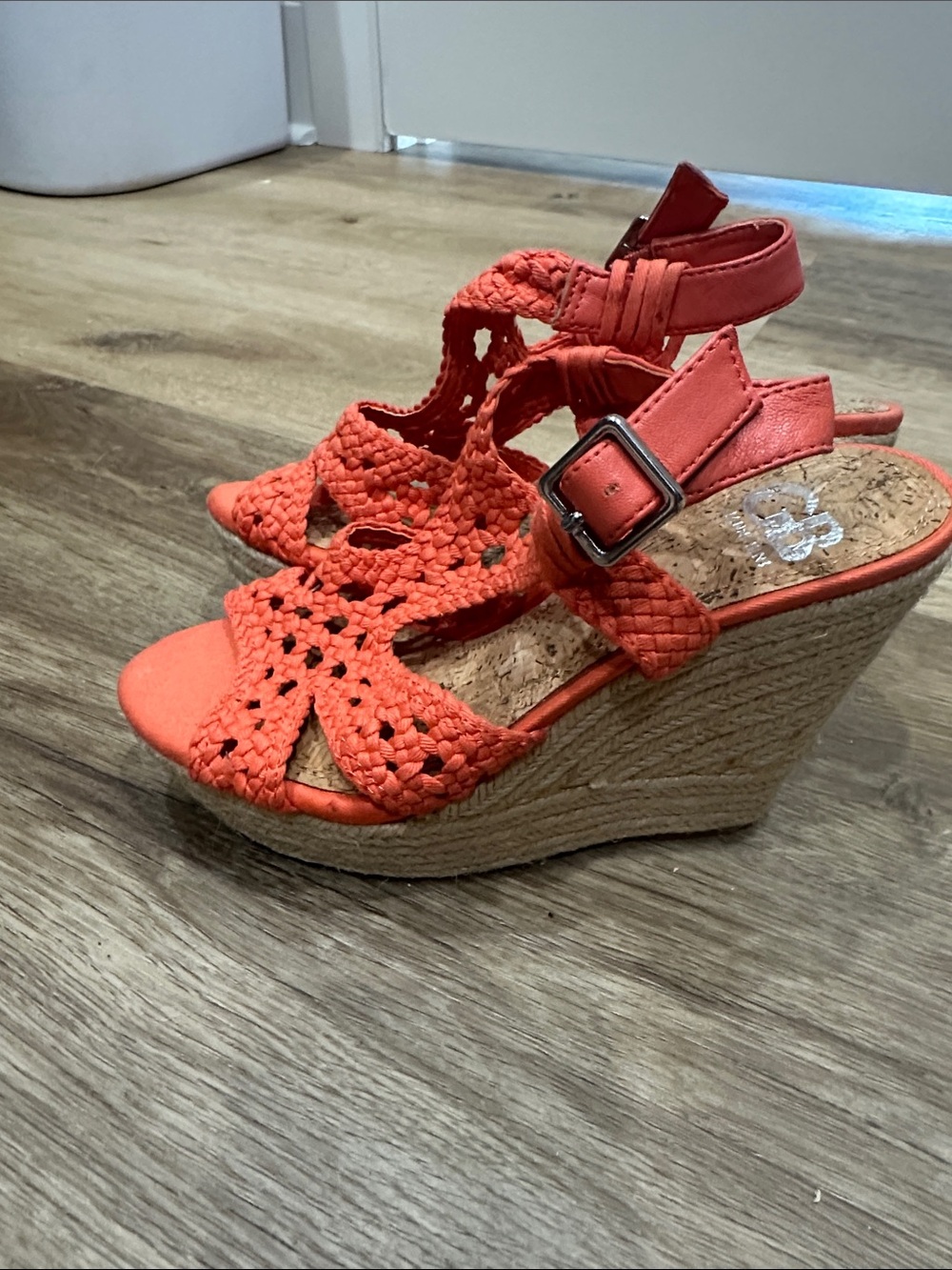 Gianni Bini Coral-Orange Braided Espadrille Wedge Sandals - Picture 2 of 8
